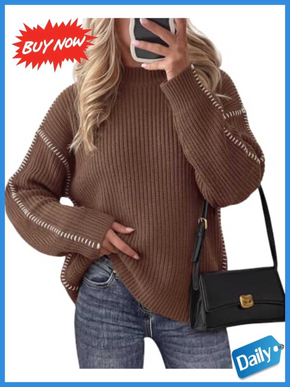 Oversized Chunky Knit Mock Neck Pullover Sweater with Contrast Stitch